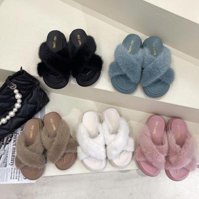 China Women's Strip Plush Faux Fur Fluffy Open Toe House Shoes Indoor Outdoor Fluffy Slide Slipper Cross Comfortable Home Slippers for sale