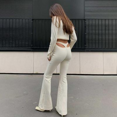 China Anti-wrinkle 2021 fall fashion knitting womens pants pulled high waist micro hollow-out casual pants for sale