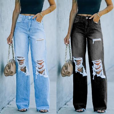 China 2021 Fall Winter Breathable Custom Loose Fit Washed High Waist Ripped Vintage Denim Blue Wide Leg Jeans Women for sale