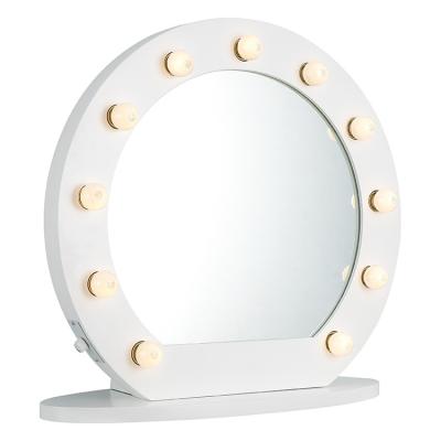 China Hollywood Style Circle Table Makeup Lighted Cheap White Vanity Mirror With 9 Pcs Led Bulbs Lights for sale