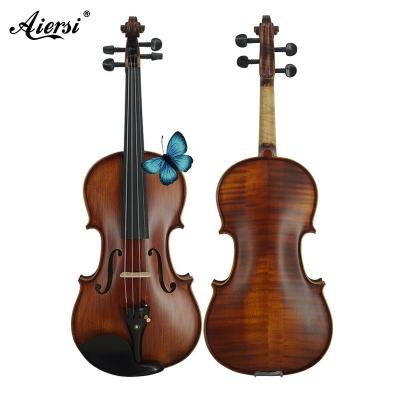 China Aiersi Handmade Professional Wholesale Handmade Stain 4/4 Dark Brown Flame Maple Ebony Violin Accessories 4/4 With Case Brazil Wood Bow OEM for sale