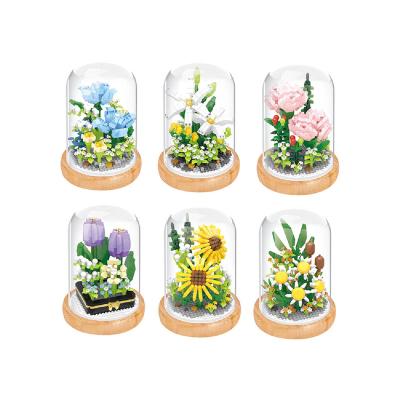 China Construction Toy New Design DIY Home Decor Micro Building Blocks Flower Sunflower Lily Rose Tulips Bouquet Immortal Daisy Mini Brick With Display for sale