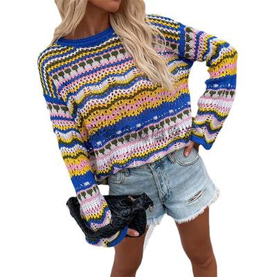 China New Rainbow Loose Round Neck Regular Factory Sweater Color Stitched Striped Sweater Women for sale