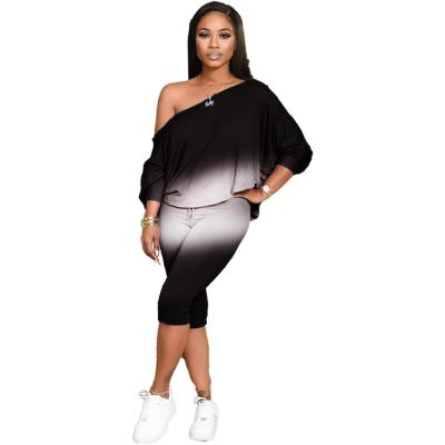 China Viable Hot Women's Clothing Women's Fashion Casual Two Piece Pants Set Gradient Slant Shoulder 2021 Plus Size Cotton Knitting for sale