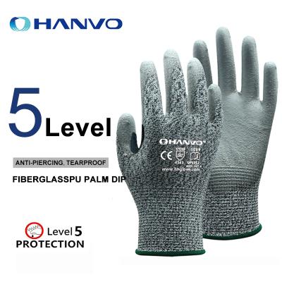 China Anti-Cut Hanvo Safety Work Gloves 13 Gauge HPPE+Glassfiber PU Resin With Palm Dip Coated Cut Proof Gloves for sale