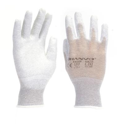 China Anti-Slip Safety Work Gloves Carbon Coating With White PU Coated 13 Gauge Garden Repairing Builder Gloves for sale