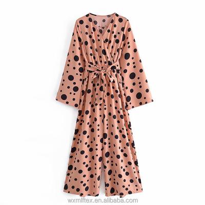 China QUICK DRY Women Lace Wide Polka Dot Print Jumpsuit Autumn Bohemian Tie Bow Waist Cross V Neck Long Sleeve Leg Romper Holiday Overall for sale