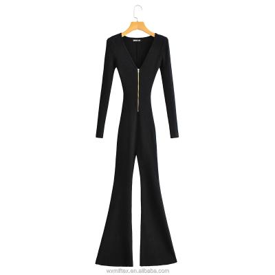 China Breathable Custom Design Black V-Neck Cotton Knit One-Piece Overalls Women Autumn Slim Women's Overalls for sale