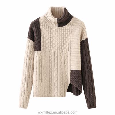 China Breathable Design Customizable Color Blocking Alpaca and Merino Wool Tweed Cable Knit Women Turtle Neck Ribbed Sweater for sale