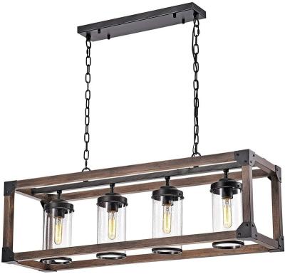 China Farmhouse 4-Light Antique Black Metal and Wooden Bubble Glass Cylinders L 92 cm*H 33 cm Rectangular Pendant Chandelier L 92 cm*W 29 cm for sale