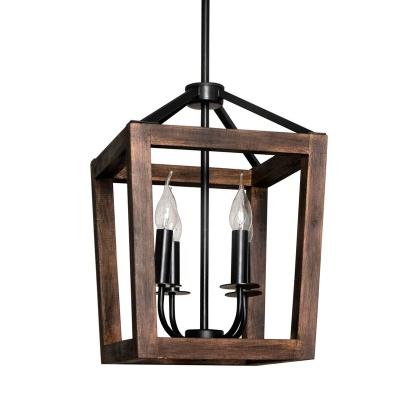 China Farmhouse Wood Lantern Pendant Lighting, Brown, 4-Light, for Farmhouse, Kitchen, Porch, Living Room, Apartment for sale