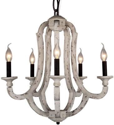 China Rustic Vintage Design Chandelier Pendant Lamp 5-Candle Wood Stand Lights Distressed White Wood Metal Chandeliers Lighting For Dining Room for sale