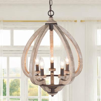 China Wooden Chandelier 5 Light Wooden Barrel Farmhouse Wine Basket Lantern for Farmhouse, Cottage or Classic French Style Home for sale