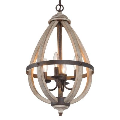 China Rustic Farmhouse Wood Cage Chandelier 4-Light Grey-washed Rustic Natural Wood Pendant Light for Living Room, Bedroom or Kitchen for sale