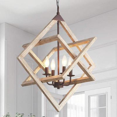 China Vintage Industrial Rustic Sconce 4-Lights Wooden Pendant Lights Ceiling Chandelier Dimmable Farmhouse Square Hanging Lamp for sale