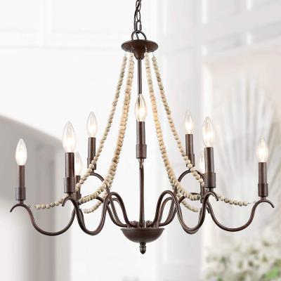 China Height Adjustable Farmhouse Chandelier For Dining Room 9-Light Rustic Chandelier With Bead Wooden String Metal Bronze Arms for sale