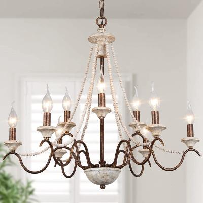 China French Farmhouse Chandelier 9-Light Country Chandelier with Wooden Strings Handmade Distressed Wood Bead 690 mm W x 610 mm H for sale