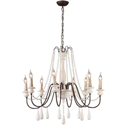 China Rustic Design Wooden Ceiling Light Fixture, French Country Pearl Loot 1-Tier Candle Style Wooden Chandelier, 8 Lights, White for sale