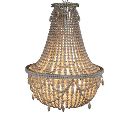 China Farmhouse Distressed White Chandeliers Retro/Rustic/Vintage Wooden Beaded Chandelier Three Basket of Bead Vintage Bedroom Lights Pendant for sale