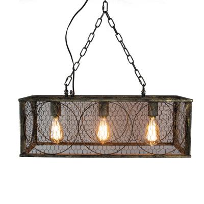 China Square Farmhouse Metal Chandelier Basket Pendant Three Lights Finishing Industrial Rustic Iron Net Shade Retro Vintage Ceiling Lamp for sale