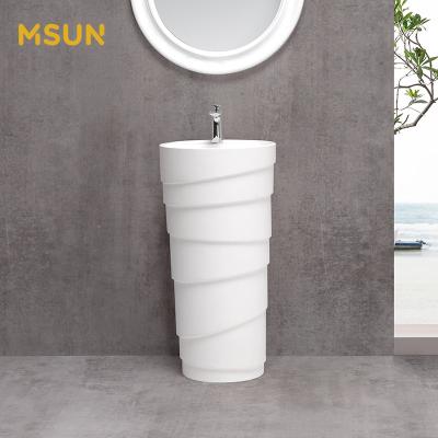 China MSUN Modern Bathrooms Luxurious Resin Stone Pedestal Sink Round Freestanding Sink for sale