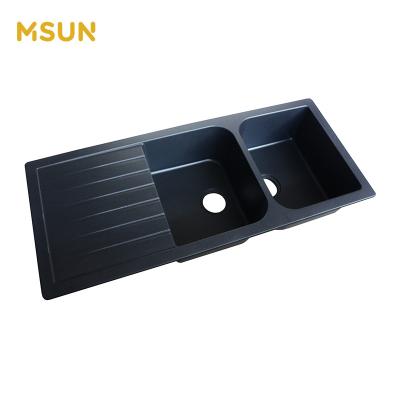 China Black Without Double Bowl Faucet MSUN Handmade Kitchen Sink Quartz Stone Wash Basin for sale