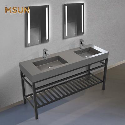 China Single Standing Dark Gray Double Basin And Mirror Bathroom Wash Sink Cabinet With Large Shelves for sale