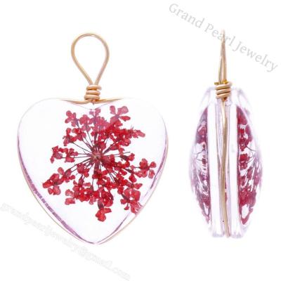 China Crystal With Red Natural Plant Pendant Custom Crystal Natural Flowers Heart Necklace Fashionable Pendants For Gift for sale