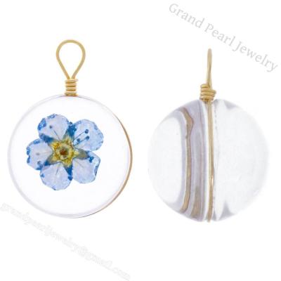 China Crystal With Blue Natural Flowers Pendant Round Custom Design Blue Natural Metal Flowers Crystal 20Mm Necklace Pendants For Lady for sale