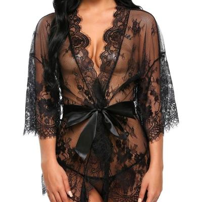 China HKMN Women's Mature Women's Lace Kimono Long Robe Babydoll Lingerie Mesh Nightgown S-4XL Sexy Lingerie for sale