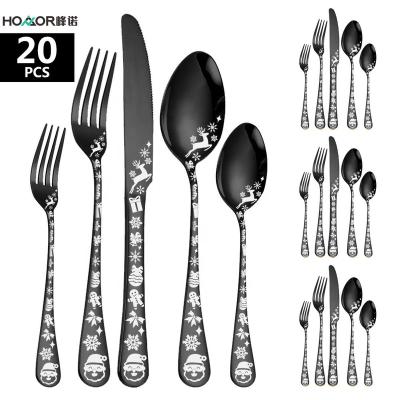 China Christmas Pattern Disposable Western Stainless Steel 20 Steak Knife Spoon and Fork Dinnerware Set for sale