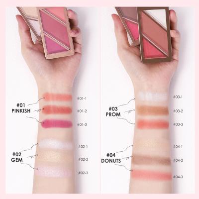 China Hot Selling Waterproof 3 IN 1 Makeup Eyeshadow And Blush Palette Wholesale Matte Waterproof Blush And Palette Highlight Cutout Blusher for sale