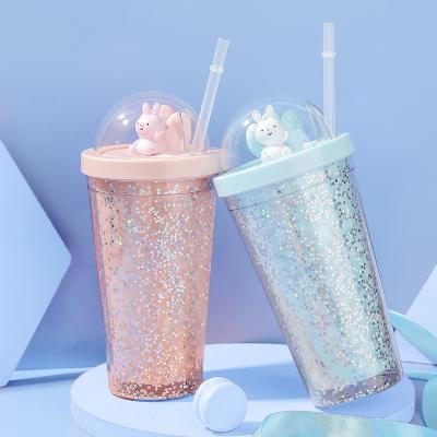 China Sustainable Cute Portable Double Wall Water Bottle Plastic Coffee Cups With Straws for sale