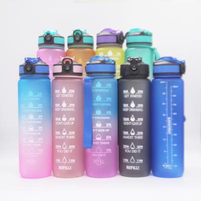 China Viable Gradient Frosted Plastic Straw Gym 1L Matte Sport Water Bottle With Time Marker for sale