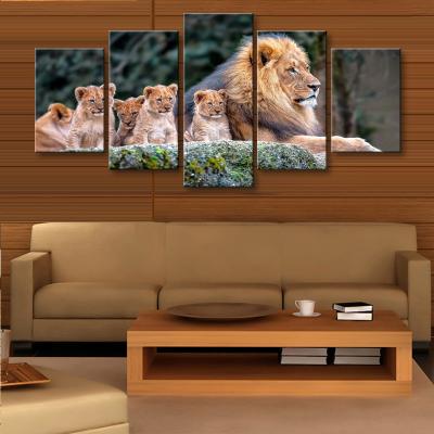 China Waterproof+ECO-Friendly wholesale 5 panel painting lions home Art Animal Canvas Painting nature wall decor custom shopify drop shipping for sale