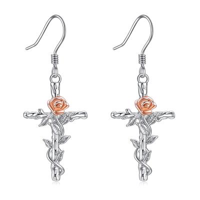 China Vintage Rose Valley Rose Flower Cross Drop Earrings D.C.A. Zircon Designs Jewelry For Women Rose Gold Gift Party Trendy Jewelry RPE009 for sale