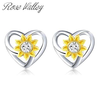 China Vintage Rose Valley Sun Flower Stud Earrings D.C.A. Zircon Heart Designs Jewelry For Women Gold Gift Party Fashion Jewelry YE007 for sale