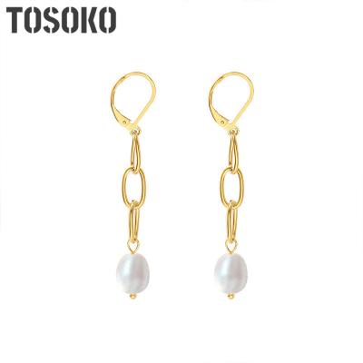 China Fashion Jewelry Stainless Steel Pearl Link Chain Long Freshwater Irregular TRENDY Earrings Women Baroque Earrings BSF368 for sale