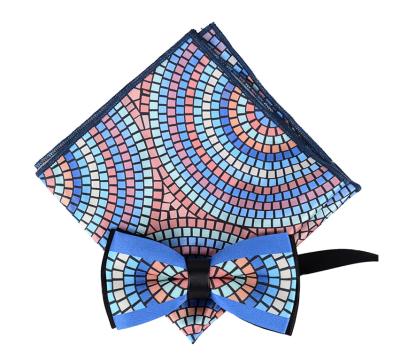 China Dot Party Mens Polyester Print Pocket Square and Bow Tie Set for sale