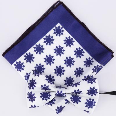 China High Quality Polyester Dot Blue Printing Pocket Square and Bow Tie Set for sale