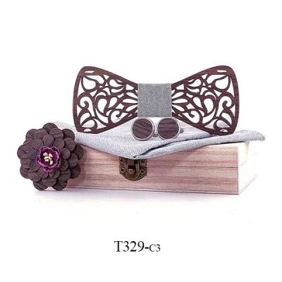 China Solid Color Handkerchief Cufflinks Lapel Flower Wooden Hollow Out Bowtie Set For Men Wedding Custom Design for sale