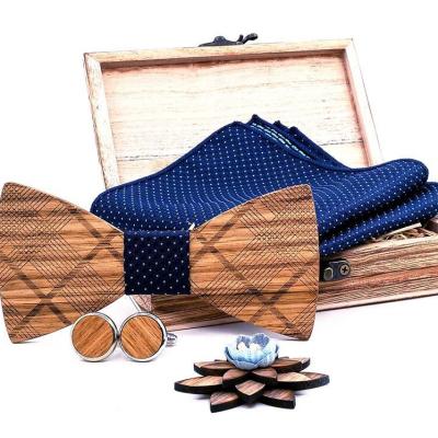 China Solid Color Fashion Handmade Wooden Handkerchief Bowtie Lapel Flower Set For Men Wooden Wedding for sale