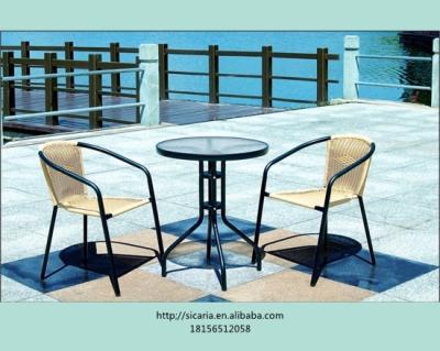 China Garden set STEEL AND RATTAN OUTDOOR DINING SET WITH A TABLE AND TWO CHAIRS for sale