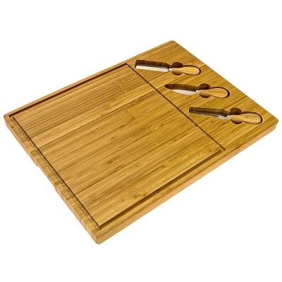 China Modern Bamboo Serving Set Tray With Cheese Board Stainless Steel 3 Knife Gift for sale