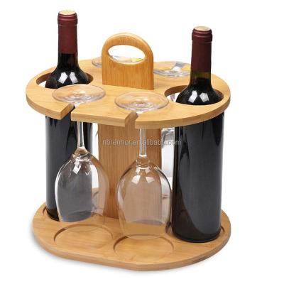 China Modern Desktop Wine Rack Bamboo Wine Rack and Glass Hanger Drying Rack Hold 2 Bottles and 4 Glasses for sale