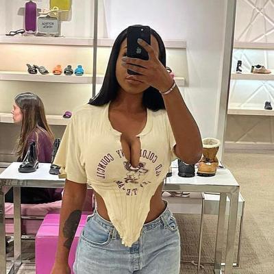 China 2022 Summer New Fashion Summer New Fashion Sexy Casual Top Irregular Printing Anti-wrinkle Hollow Out Deep V-neck Women's T-shirt for sale