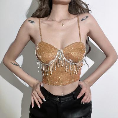 China 2022 Summer New Sexy Suspender Rhinestone QUICK DRY Tassel Navel Revealing Party Slim Bright Silk Club Vest Short Top for sale