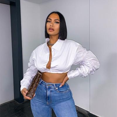 China Anti-pilling new long sleeve button cropped lapel blouse white ruched sleeve women fashion shirts crop top for sale