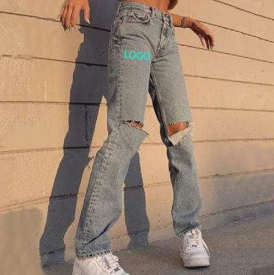 China Wholesale Custom Casual Size QUICK DRY Logo Ladies Denim Slim Washed Pants Ripped Boyfriend Jeans For Women for sale