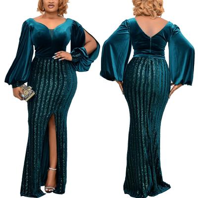 China New arrival sexy large slit sequin women's elegant temperament backless stand-up party viable plus size dress for sale